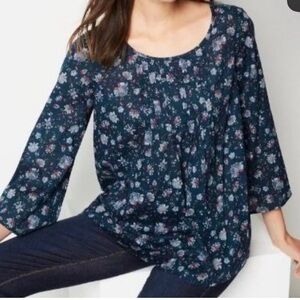 J Jill Blouse Top Womens M Boho Floral Pintuck Flowy Cotton Lightweight Teal